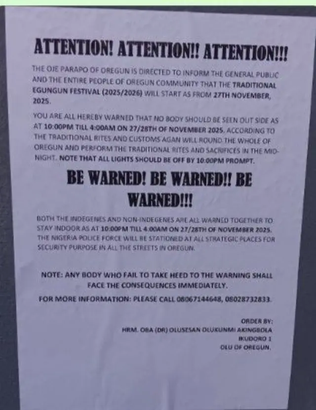 Iwe ikede ti awọn Eleegun n [pin kiri nipa ọdun Oro ti yoo waye ni Oregun nilu Eko, to si n sọ pe kawọn eeyan fidi mọle, ki wọn ma si tan ina alẹ.