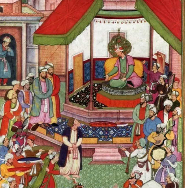 وزیر ابوالفضل ابن مبارک بادشاہ اکبر کو ’اکبر نامہ‘ پیش کرتے ہوئے (فرضی خاکہ)