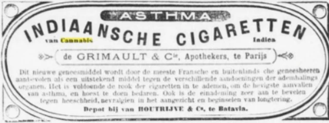 Dalam iklan koran Belanda rokok ganja disebut sebagai obat asma.