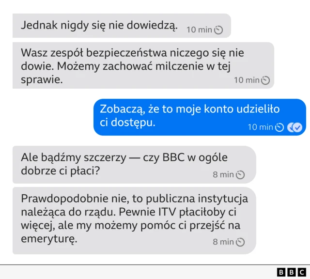 Haker wysyła reporterowi wiadomość: „Bądźmy szczerzy — czy BBC w ogóle dobrze ci płaci?” oraz „Możemy zapewnić ci emeryturę. 