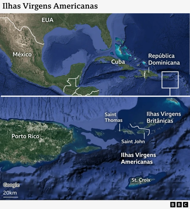 Mapa mostra localização das Ilhas Virgens Americanas