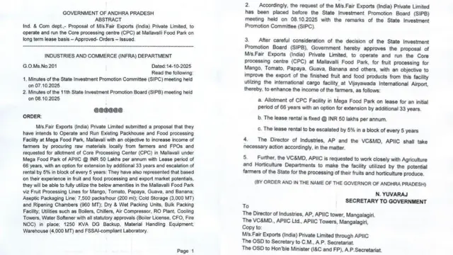 మల్లవల్లి ఫుడ్‌ పార్క్‌లో కోర్‌ ప్రాసెసింగ్‌ యూనిట్‌ నిర్వహణను లూలూ గ్రూపు అనుబంధ సంస్థకి చెందిన ఫెయిర్‌ ఎక్స్‌పోర్ట్స్‌ ఇండియా ప్రైవేట్‌ లిమిటెడ్‌కి అప్పగిస్తూ రాష్ట్ర ప్రభుత్వం జారీ చేసిన జీవో 201