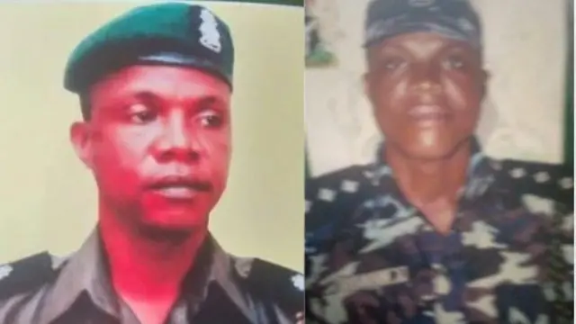 Adegbehin Adetarami wọ asọ isẹ ọlọpa ninu aworan meji,o si de fila alawọ ewe ati alarabara ninu ikọọkan aworan naa. 