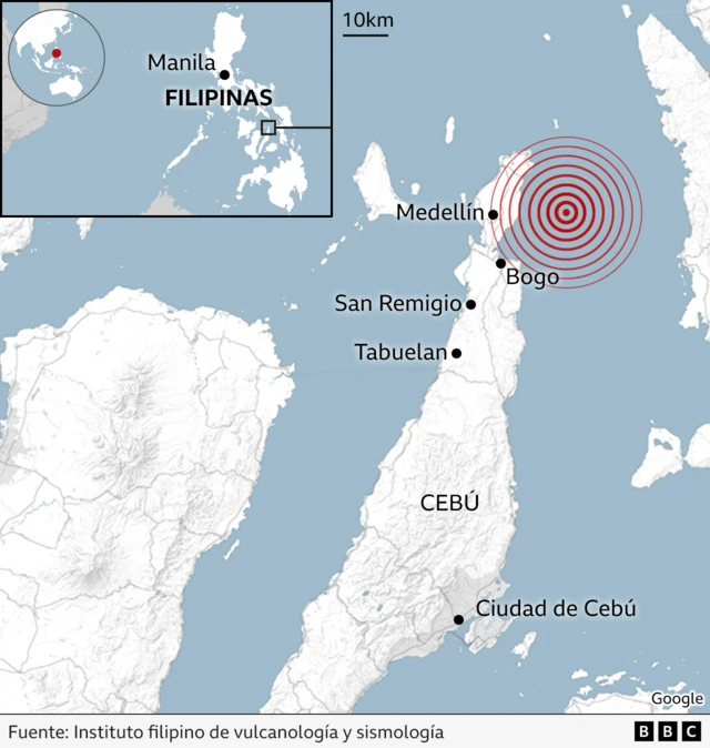 Mapa de Filipinas donde se puede ver dónde se produjo el terremoto.