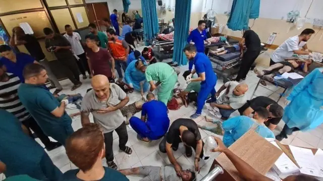Wounded patients being treated on the floor in a photo posted by the hospital to social media 