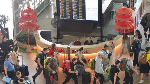 Penumpang pesawat membawa barang bawaan setibanya di area Terminal Internasional Bandara Internasional I Gusti Ngurah Rai, Badung, Bali, Kamis (14/11/2024)