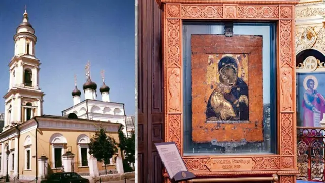 Коллаж из храма и иконы в резном киоте