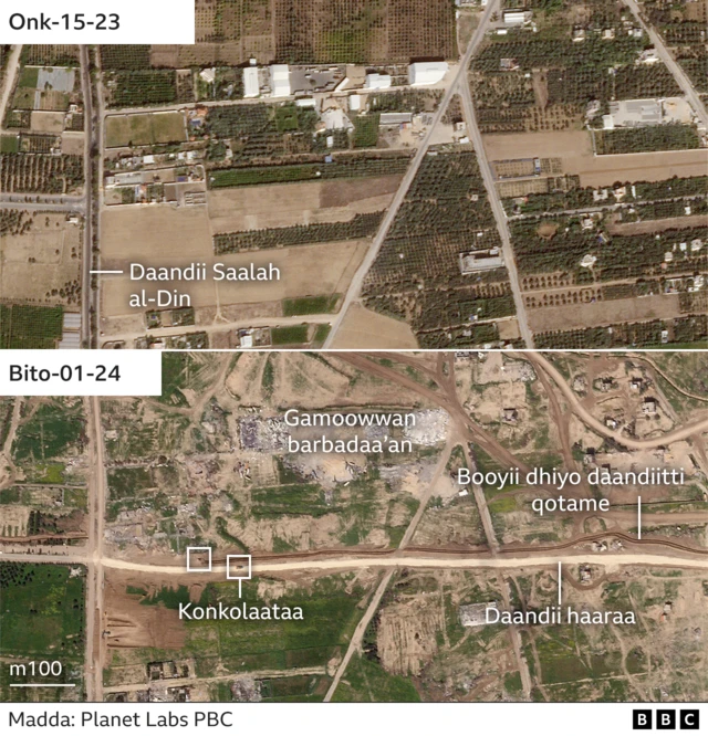 Satellite images of the area in October and March showing where the road has been built