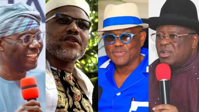 Ndị nọ na foto a gunyere Gọvanọ Legọs steeti bụ Babajide Sanwo-Olu, Onye ndu IPOB bụ Nnamdi Kanu, Mịnịsta FCT Abuja bụ Nyesom Wike, na Mịnịsta Naịjirịa na-ahụ maka ọrụ bụ Dave Umahi