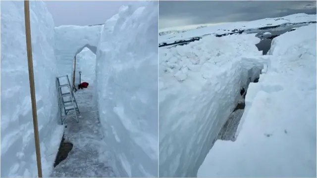 Засніжена станція, видно прокопані тунелі в снігу