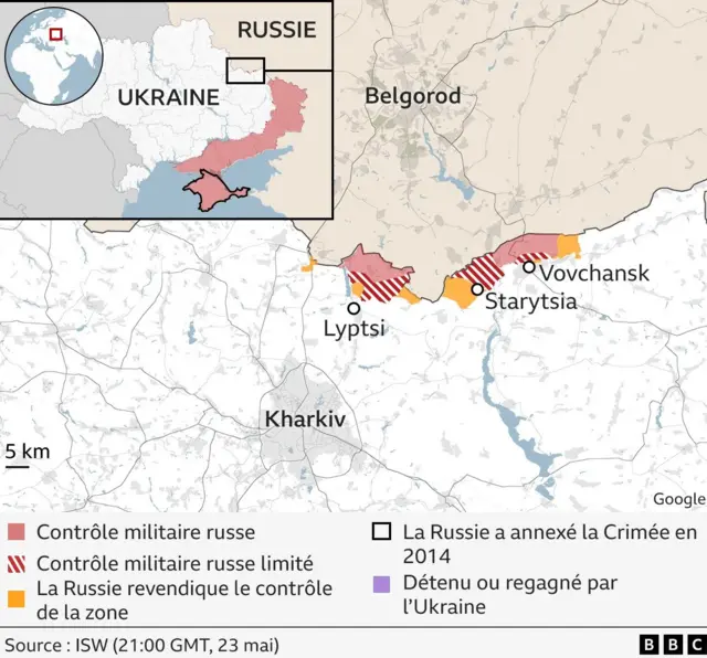 La carte de la BBC montre les zones sous contrôle militaire russe, sous contrôle militaire russe limité et sous contrôle russe revendiqué au nord de Kharkiv au 23 mai.