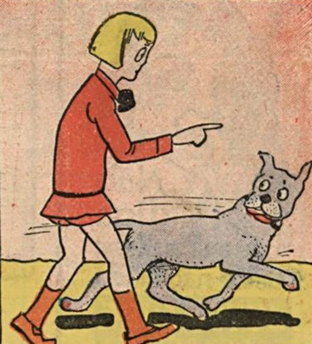 Desenho mostra o personagem Chiquinho, um menino loiro vestindo short, camiseta de manga longa e meias vermelhas, e seu cão cinzento em posição de corrida enquanto olha para o menino, que aponta para a frente