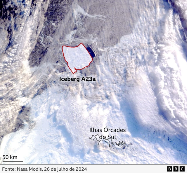 Imagem de satlite mostra o imenso iceberg no mapa ao norte da Anttica