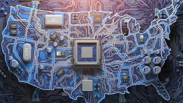 Una silueta con la imagen de Estados Unidos y chips dibujados en la superficie. 
