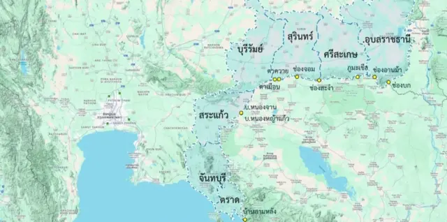 แผนที่แสดง 7 จังหวัดที่มีการปะทะตลอดแนวชายแดน