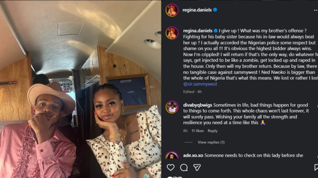 Screengrab of Regina Daniels post for instagram