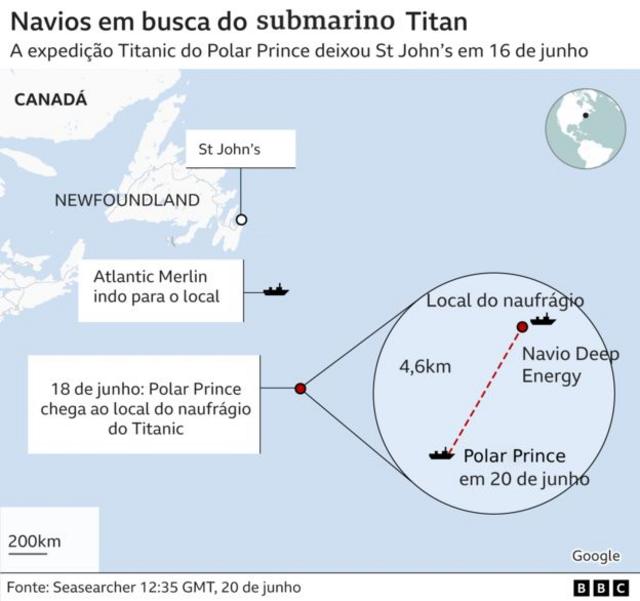 Mapa mostra onde estão ocorrendo as buscas, no Atlântico na altura da costa leste dos Estados Unidos e Canadá
