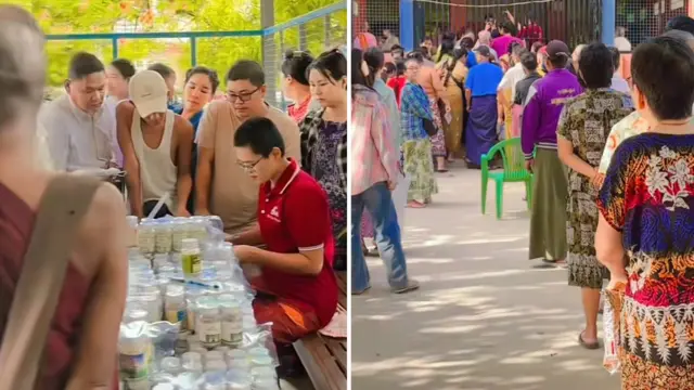 ဦးပိန်တံတားထိပ်က ဘုရားသုံးဆူဘုန်းကြီးကျောင်းဝင်းထဲမှာ မိုးမလင်းခင်ကတည်းက တန်းစီနေတဲ့ လူတန်းက ရာကျော်တယ်လို့ ဆိုပါတယ်။