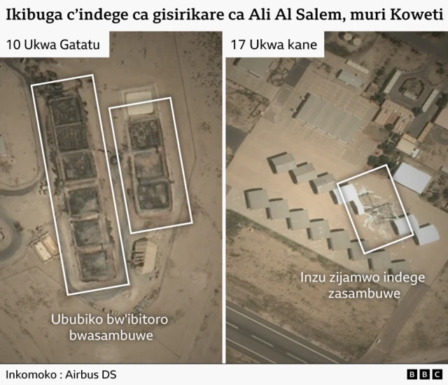 Ishusho ya satellite yerekana ivyonekaye ku kigo ca gisirikare ca Ali Al Salem muri Kuwait. Mu kubamfu, hagaragara ububiko bw'ibitoro bwasambuwe, mu gihe i buryo hagaragara amahangare y'indege yononekaye.
