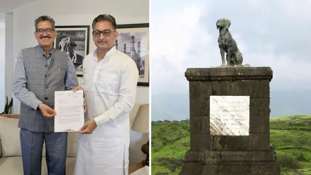 संभाजीराजे छत्रपती यांनी भारतीय पुरातत्व विभागाचे महासंचालक यदुबीर सिंह रावत यांची भेट घेऊन हा पुतळा हटवण्याची मागणी करणारे पत्र दिले. उजव्या बाजुला रायगडावर असलेल्या वाघ्या कुत्र्याच्या समाधीचा फोटो. 