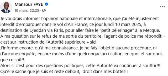 Capture d'écran de la page Facebook de Mansour Faye