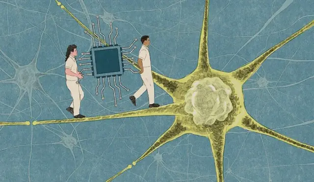 Homme tenant une puce marchant sur un neurone.