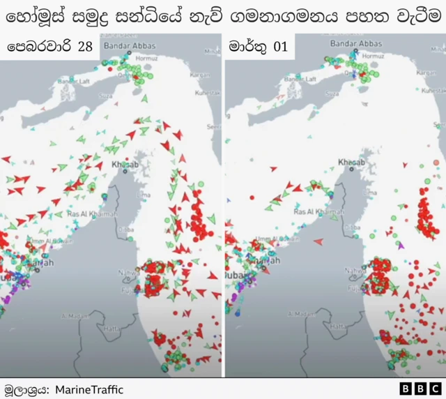 Map showing a significant drop in shipping between 28 February, when the war began, and 1 March 2026 Source: MarineTraffic