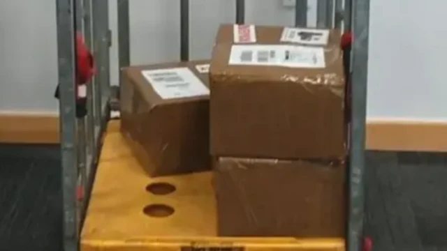 Фото пресс-службы полиции. На ней три невзрачные коробки из картона с белыми почтовыми наклейками стоят на специальной тележке для грузчиков