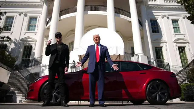 Маск и Трамп на фоне Tesla у Белого дома