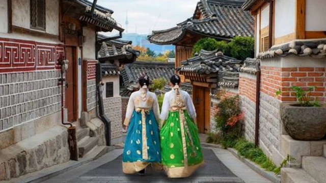 Duas mulheres caminhando na Coreia do Sul