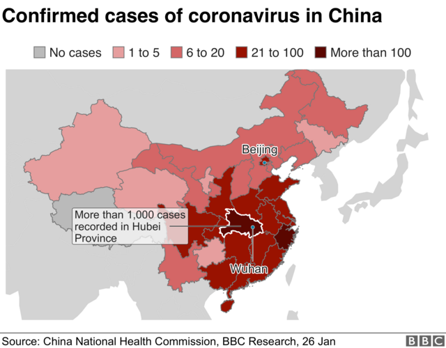 A heatmap shows the spread of the virus in China