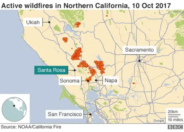 Peta titik api di kawasan California Utara pada 10 Oktober 2017.