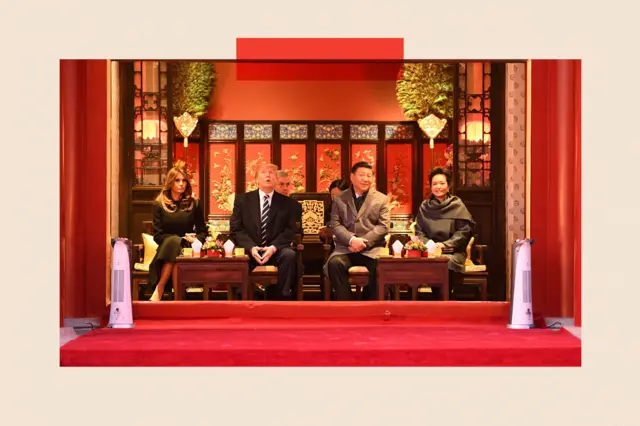 2017年，梅拉尼娅·特朗普（Melania Trump）与特朗普、习近平主席及其夫人彭丽媛在故宫合影。