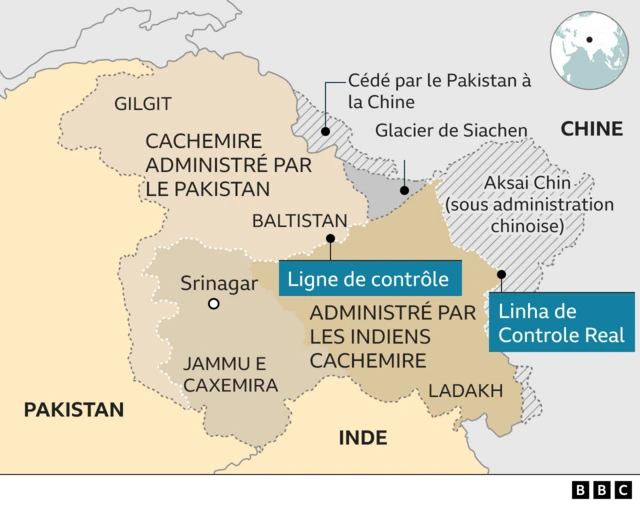 Carte montrant la ligne de contrôle et la ligne de contrôle réelle