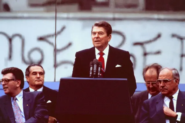 Ronald Reagan delivering his famous speech calling on Mikhail Gorbachev to tear down the Berlin Wall in June 1987