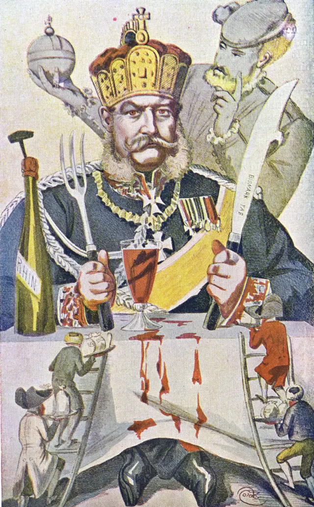 Caricatura de Bismarck comiendo conquistas