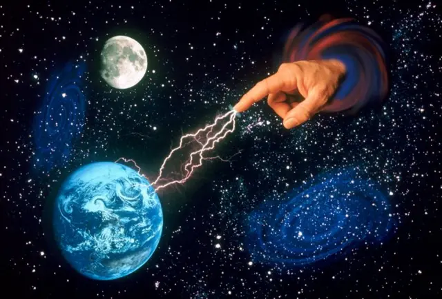 Ilustração mostra dedo apontado para o planeta Terra em meio ao universo, indicando o poder de um Deus