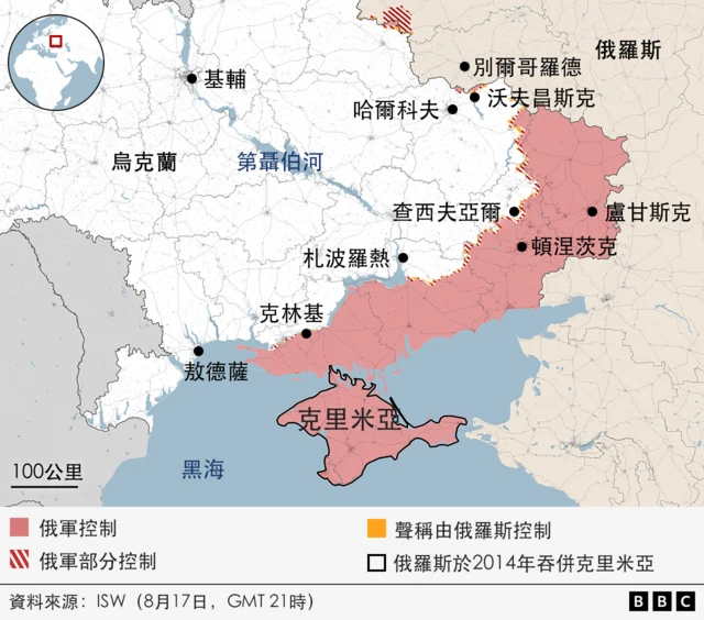 地圖顯示烏克蘭東部哪些地區處於俄羅斯軍事控制或有限控制之下，並標示出盧甘斯克、頓涅茨克、扎波羅熱、赫爾松和克里米亞地區