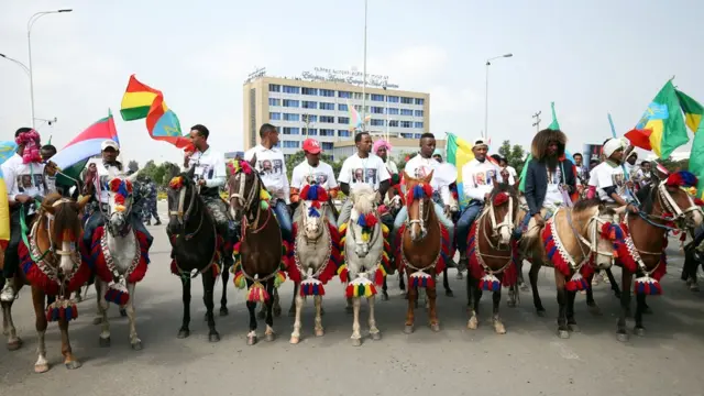 Waendesha farasi wa Ethiopia pia walihudhuria hafla hiyo ya kumaribisha rais huyo wa Eritrea