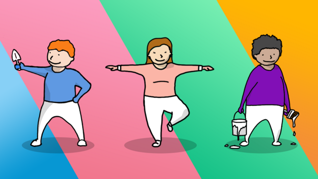 Иллюстрация: три человека выполняют упражнения