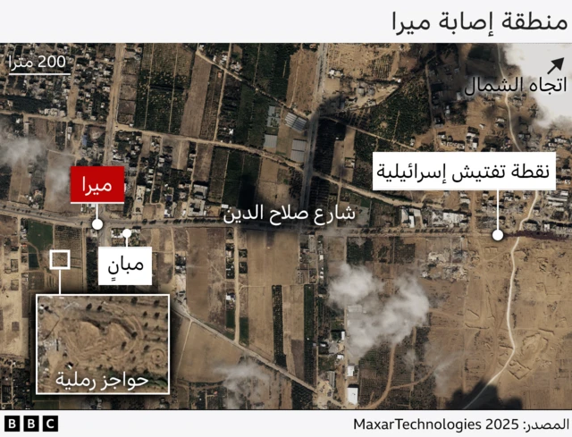 صورة بالأقمار الصناعية موضح بها موقع إصابة ميرا عند تقاطع الطرق على الجانب الأيسر من الصورة، ونقطة التفتيش الإسرائيلية على بعد نحو كيلومتر واحد على طريق صلاح الدين، على الجانب الأيمن. بالقرب من التقاطع، تظهر الحواجز الرملية محددة في صورة مكبرة، كما تم تحديد المباني.