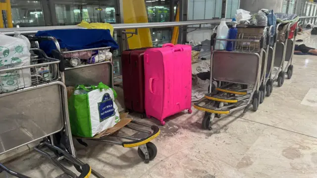 Maletas y carritos portaequipajes en un pasillo del aeropuerto. 
