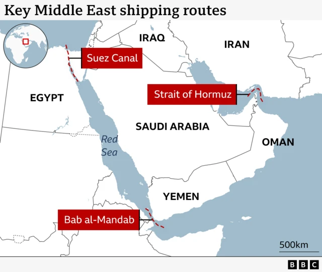 Map showing the three key Middle East shipping routes, the Suez Canal from the Red Sea to the Mediterranean, the Straight of Hormuz off Iran, and the Bab al-Mandab passage into the Red Sea