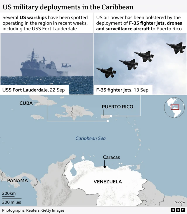 A map showing Venezuela and the Caribbean Sea off its north coast. There is a photograph of a US warship with a locator pointing to the sea just south of Puerto Rico, to show the approximate area where several US warships have been spotted. A photo of F-35 fighter jets has a locator pointing to Puerto Rico, with text to explain that F-35 jets have been deployed to Puerto Rico. 