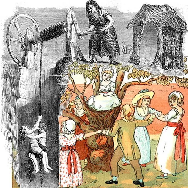 Ilustración de niños bajando a una mina de carbón mientras otros juegan