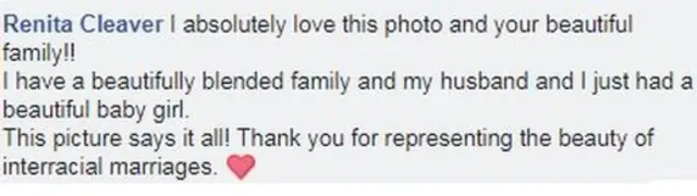 "Ahsante kwa kuwakilisha urembo wa familia zenye rangi tofauti , aliandika mwanamke mmoja alipoona picha hii.