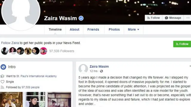 ফেসবুকে জায়রা ওয়াসিমের পোস্ট।