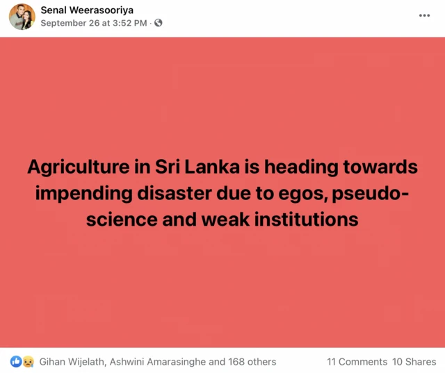 Agriculture in Sri lanka is heading towards impending disaster due to egos, pseudo-science, and weak institutions, says an agri specialist of SL