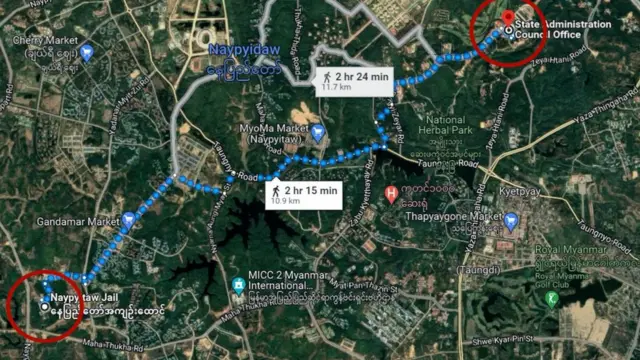 အချုပ်ထောင်နဲ့ စစ်ကောင်စီရုံး အကွာအဝေး ကို ဂူးဂဲလ်မြေပုံမှာတွေ့ရပုံ