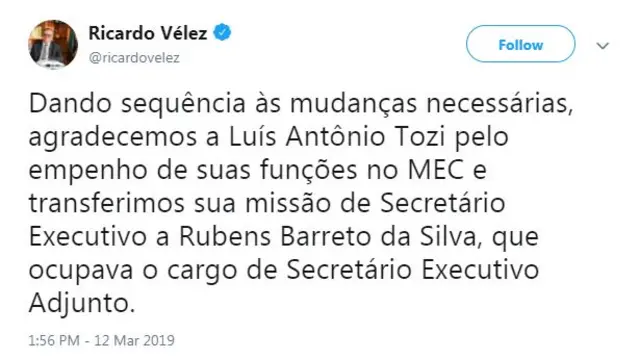 TuíteRicardo Vélez anuncia saídaLuís Antônio Tozi